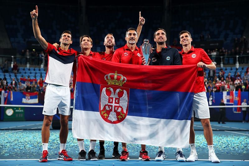 Novak Djokovic with the winning Serbian team at ATP Cup 2020