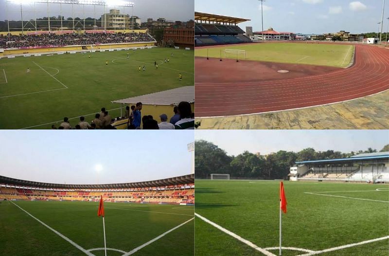 Football Venues in Goa (Top-Bottom Clockwise): Tilak Maidan, Bambolim Stadium, Duler Stadium, Fatorda Stadium