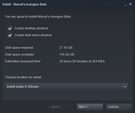 An installation dialogue box of Marvel&#039;s Avengers beta on Steam