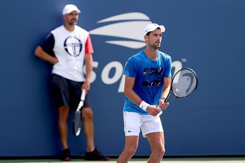 Novak Djokovic practices at US Open