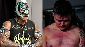 Rey Mysterio reacts to Dominik getting hit with 30 kendo stick shots on RAW