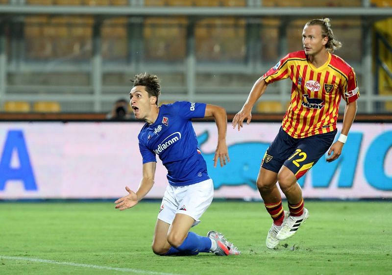 Federico Chiesa of Fiorentina scores the opening goal during the Serie A match against US Lecce&nbsp;