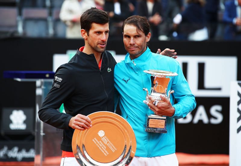 Novak Djokovic (L) and Rafael Nadal at the 2019 International BNL d'Italia