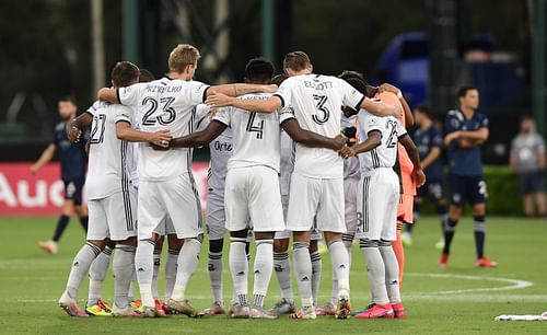 Philadelphia Union players huddle before their quarter-final game against Sporting Kansas