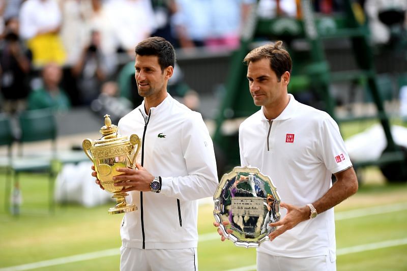 Novak Djokovic (L) and Roger Federer at Wimbledon 2019