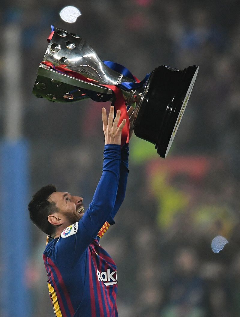 Lionel Messi celebrating one of Barcelona&#039;s La Liga wins.