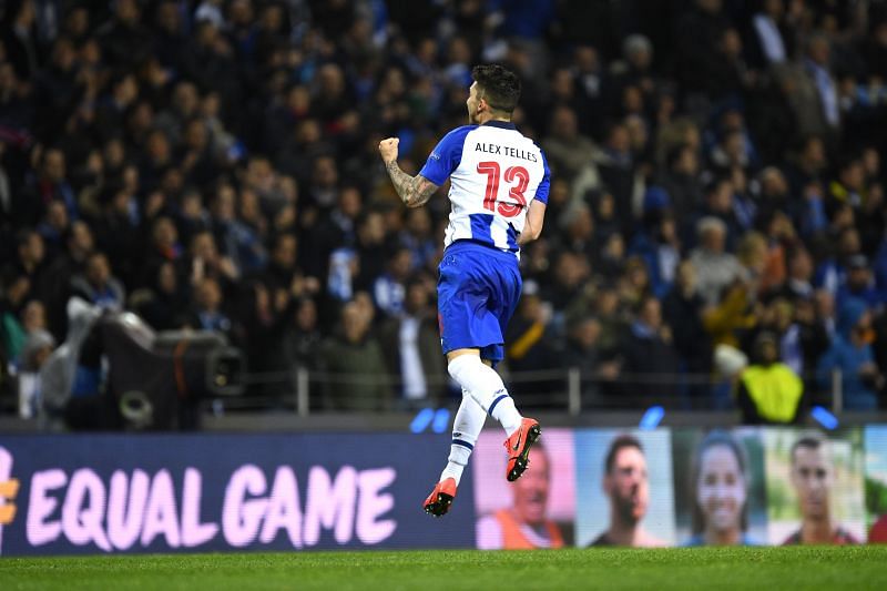 Alex Telles of FC Porto celebrates after scoring against AS Roma in the UEFA Champions League