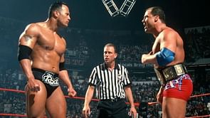 The Rock reacts to hilarious house show footage of him and Kurt Angle