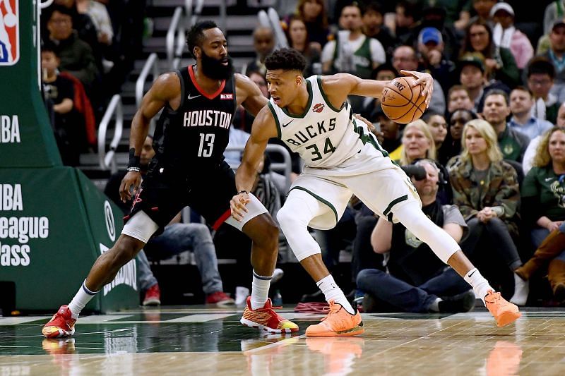 James Harden taking on Giannis Antetokounmpo