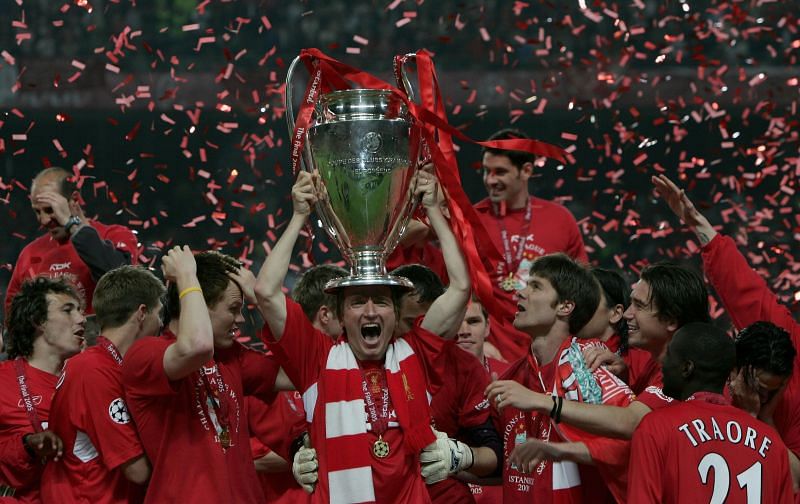Liverpool celebrate after winning the UEFA Champions League title in the 2004/05 season