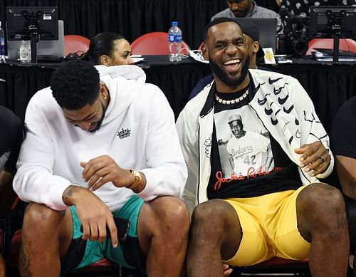 Lebron James and Anthony Davis sharing a light moment