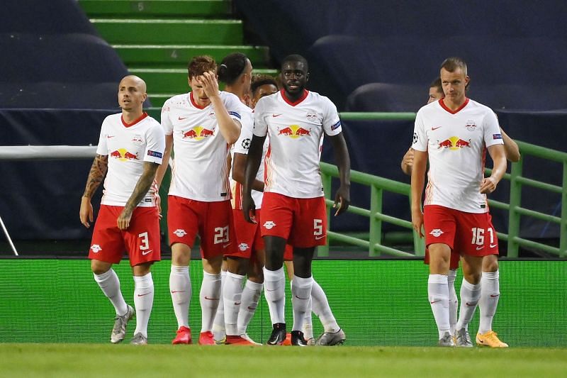 RB Leipzig players celebrate Dani Olmo&#039;s opening goal