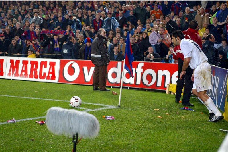 Luis Figo was bombarded by missiles at the Camp Nou