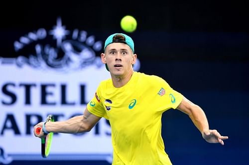 Alex de Minaur plays a forehand at 2020 ATP Cup