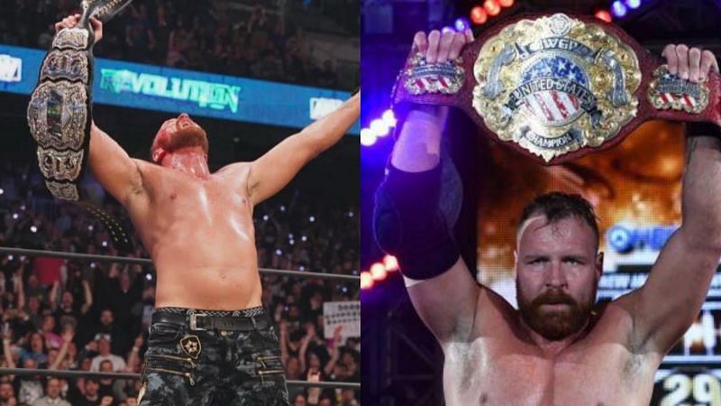 Jon Moxley with the AEW World and IWGP US titles.