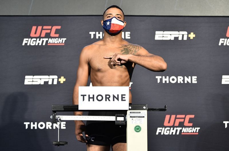 Trevin Gilles on the scale during UFC Fight Night weigh-in at UFC APEX in Las Vegas,Nevada