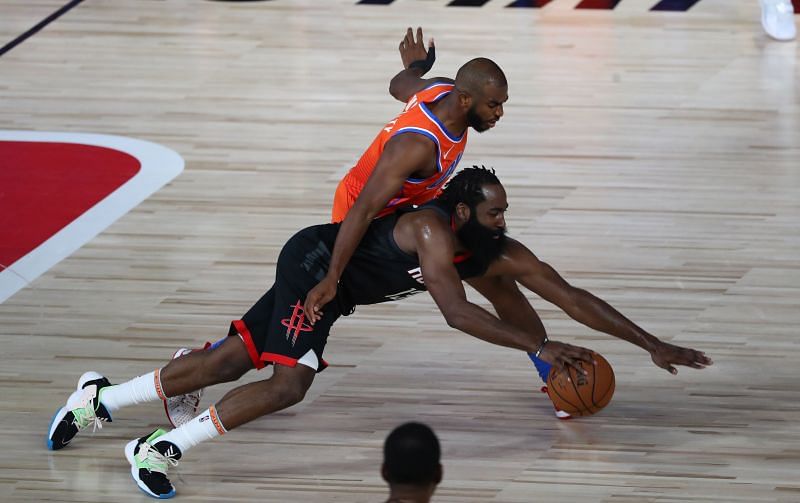 Chris Paul trying to guard James Harden | OKC Thunder v Houston Rockets