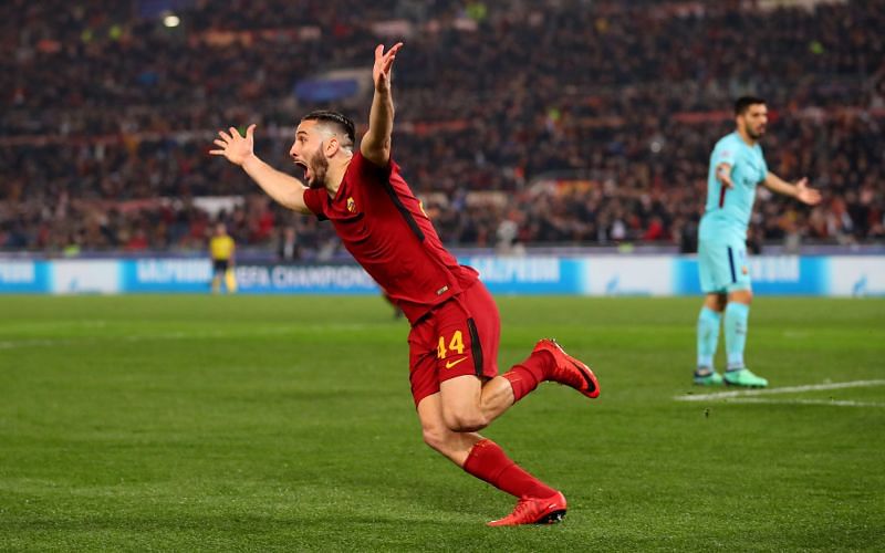 Manolas celebrating after his glorious header against Barcelona