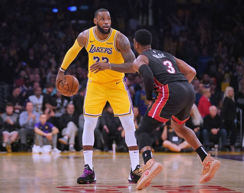 LA Lakers superstar LeBron James going up against Dwyane Wade