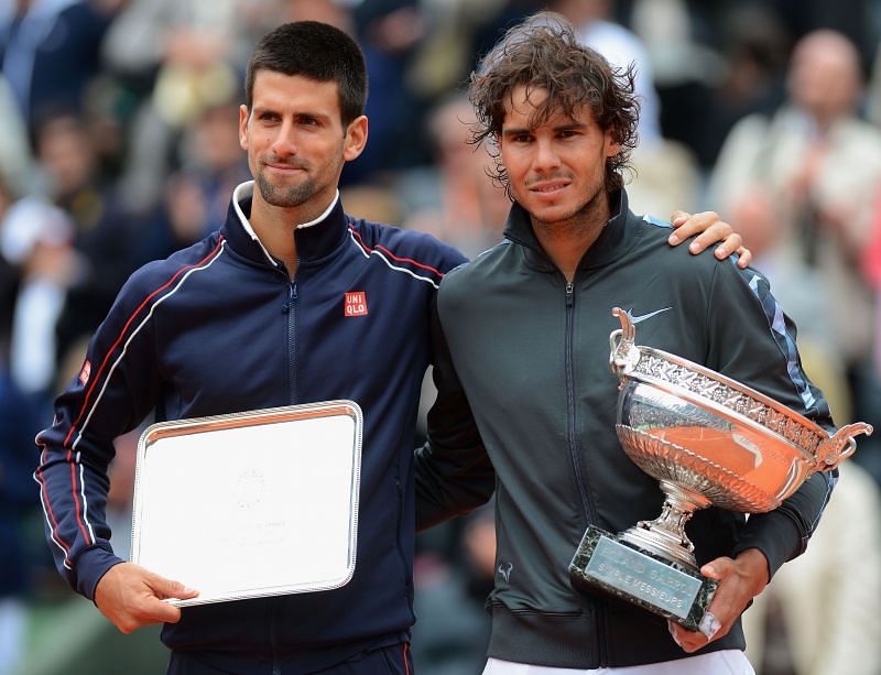 Novak Djokovic (L) and Rafael Nadal at French Open 2012