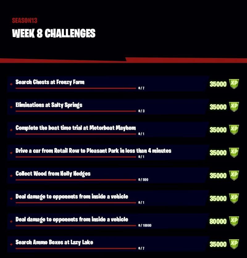 The full list of challenges for Week 8 of Fortnite (Image Credit: Stormscar/Twitter)