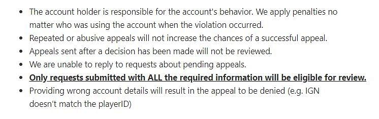 Clauses that players should review before appealing (Picture Courtesy: ffsupport.zendesk.com)