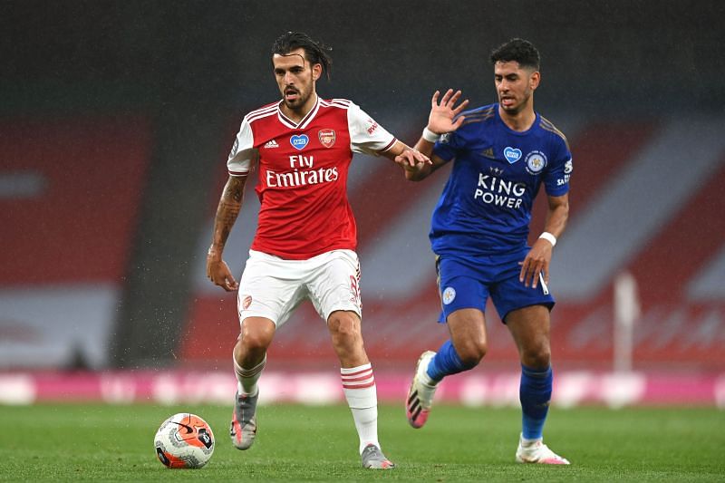 Dani Ceballos of Arsenal and Ayoze Perez of Leicester City battle for the ball