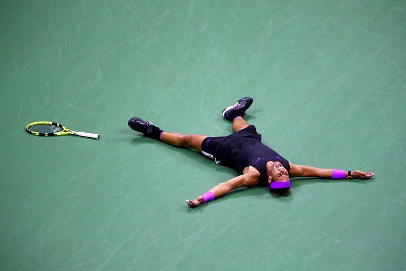 Rafael Nadal celebrates beating Daniil Medvedev in the 2019 US Open