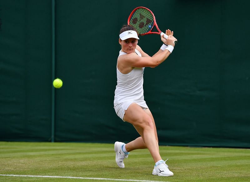 Tamara Zidansek during her match against Eugenie Bouchard at Wimbledon 2019