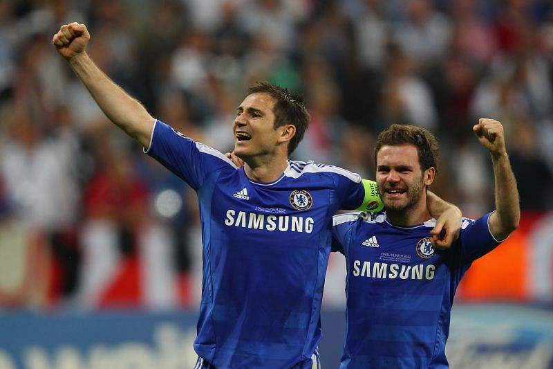 Frank Lampard and Juan Mata celebrate Chelsea&#039;s Champions League victory