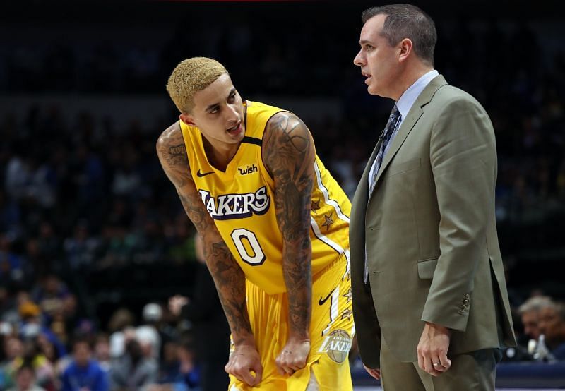 LA Lakers head coach Frank Vogel (right) with Kyle Kuzma