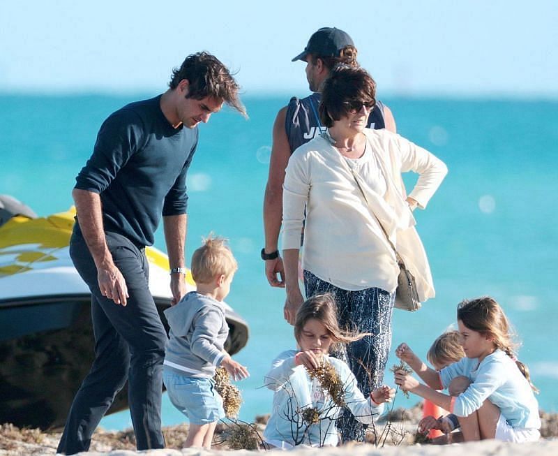 Roger Federer pictured with his family at a beach