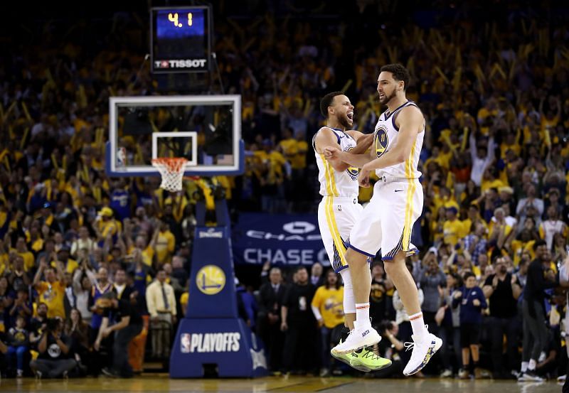 Steph Curry and Klay Thompson in action for the Golden State Warriors