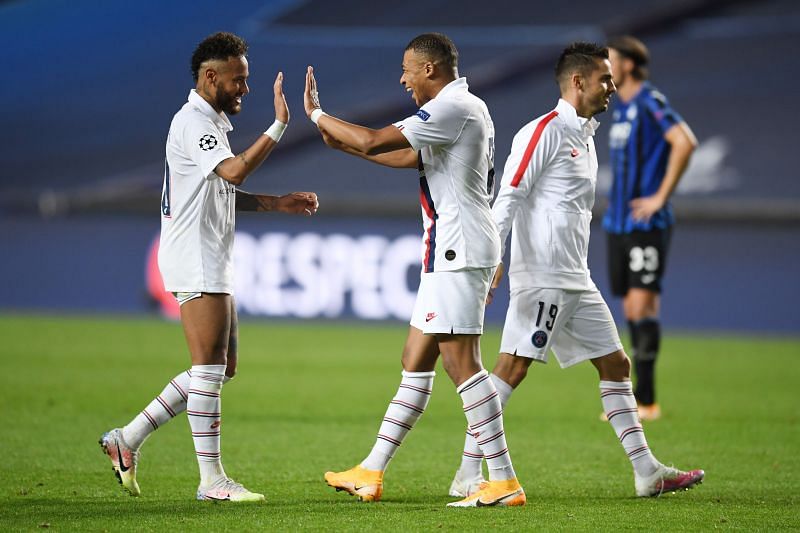 Neymar and Kylian Mbappe celebrate at the full-time whistle as PSG left it late to win 2-1 against Atalanta