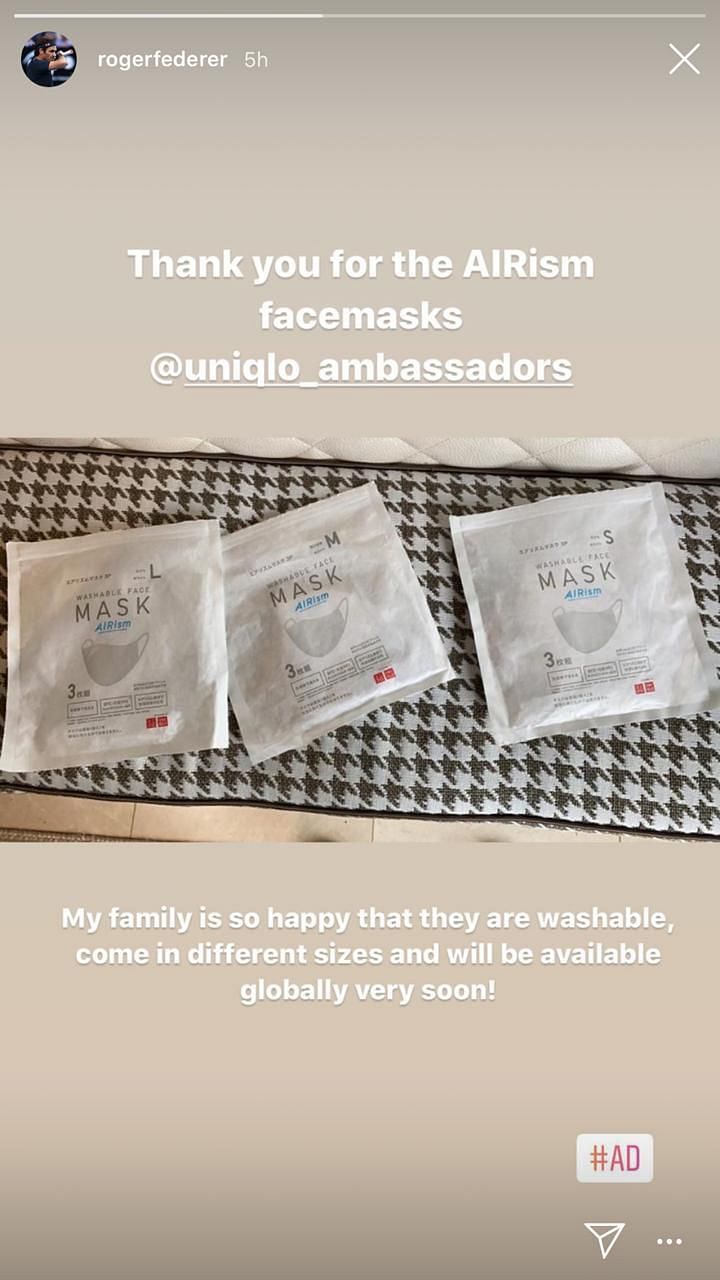 Roger Federer encouraged the usage of masks in his latest Instagram story