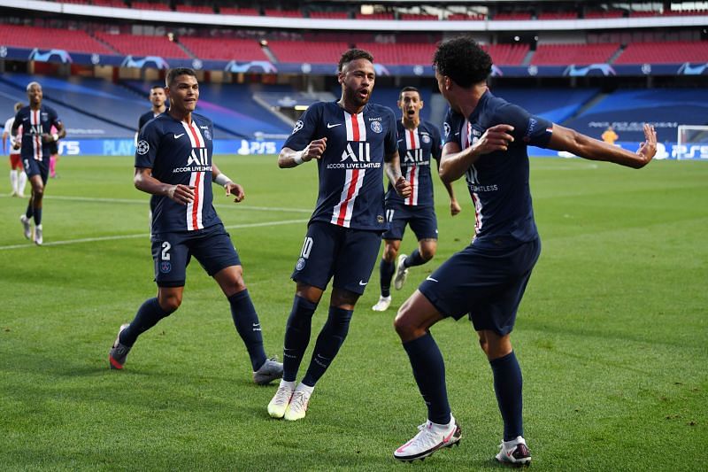 PSG players celebrate Marquinhos&#039; goal which put them in the lead on the night.