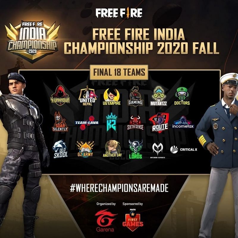 Free Fire India Championship 2020 Fall Final 18 Teams Announced