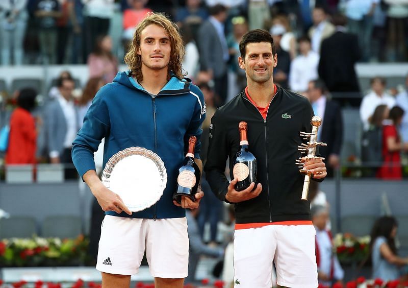 Stefanos Tsitsipas (L) and Novak Djokovic