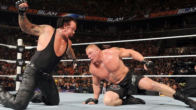 The Undertaker laying the beat-down on Brock Lesnar
