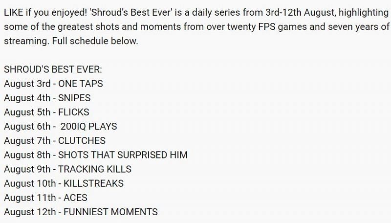 Shroud&#039;s YouTube schedule (Image Credits: Youtube.com)