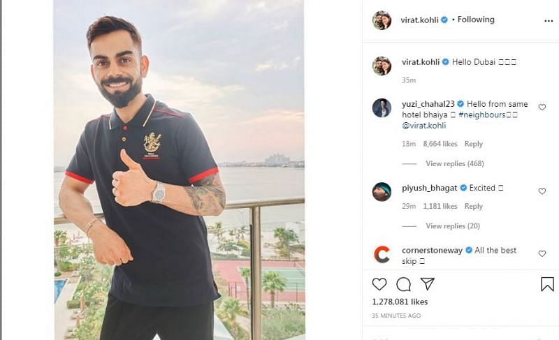 Yuzvendra Chahal's comment on Virat Kohli's recent Instagram post