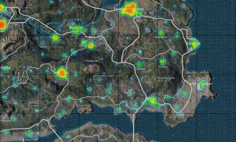 PUBG Mobile Mylta Power heatmap showing the loot concentration (Image via pubgmap.io)