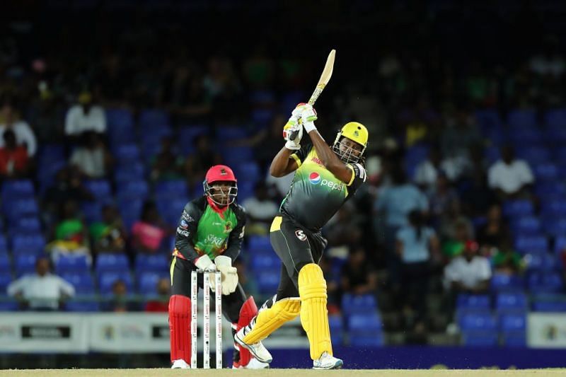 Chris Gayle hitting a six for Jamaica Tallawahs against St Kitts and Nevis Patriots