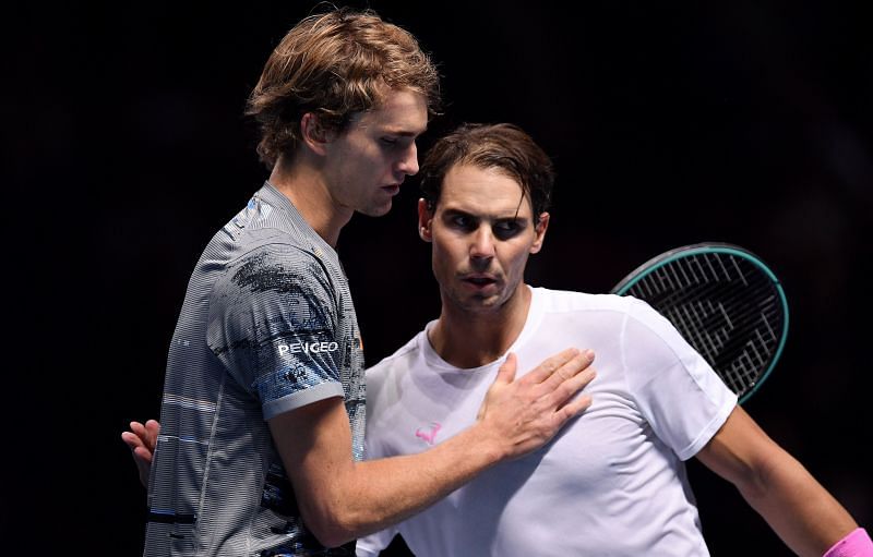 Alexander Zverev (L) and Rafael Nadal at the 2019 Nitto ATP Finals