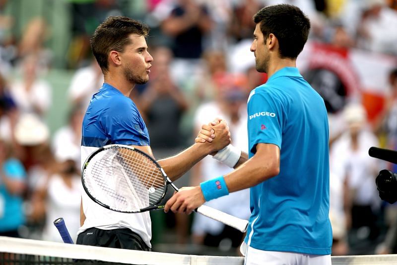 Dominic Thiem (L) and Novak Djokovic at the 2016 Miami Open