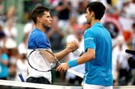 Dominic Thiem (L) and Novak Djokovic at the 2016 Miami Open