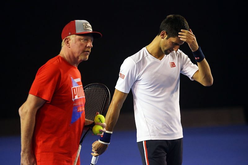 Boris Becker (L) and Novak Djokovic at the 2016 Australian Open