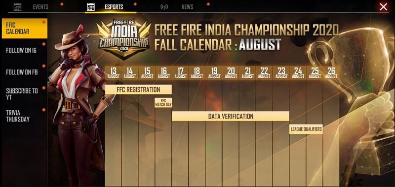 In-game schedule of Free Fire Indian Championship 2020 Fall