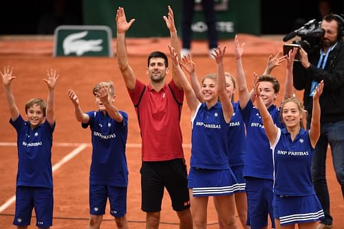 Novak Djokovic celebrates at the 2016 French Open