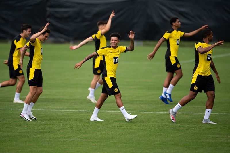 Jadon Sancho of Dortmund warms up during the pre-season summer training camp of Borussia Dortmund